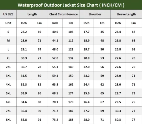 waterproof windbreaker jacket size chart