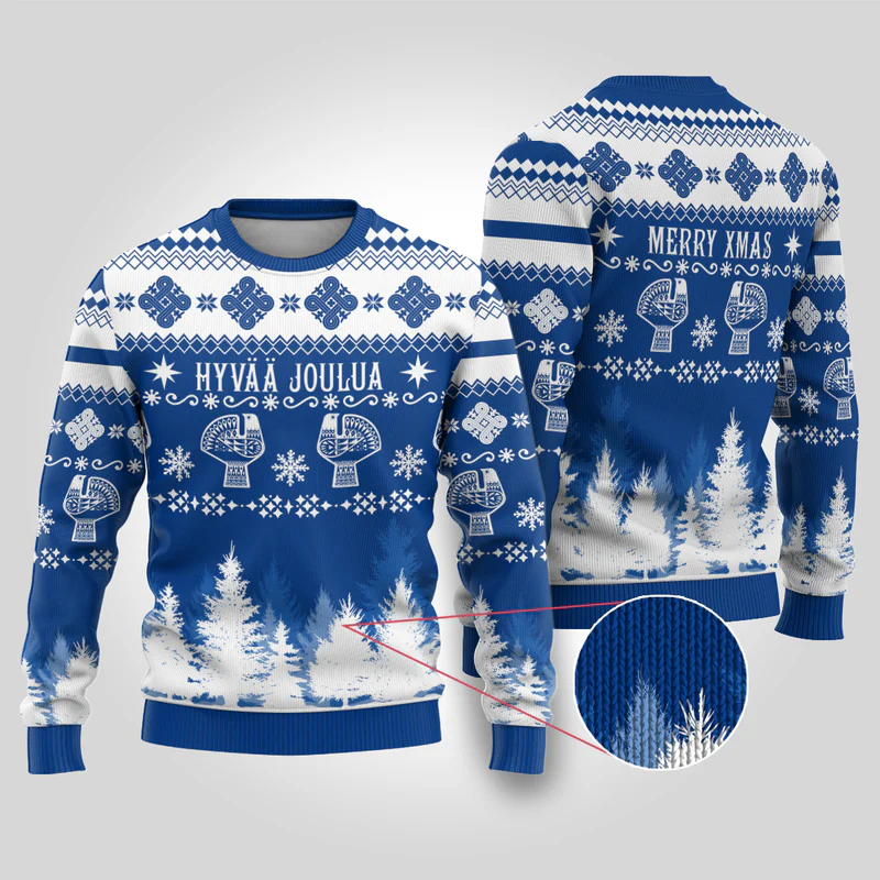 Finland Christmas Hannunvaakuna Tattoo Ugly Christmas Sweater Hyvaa Joulua – Flag Color
