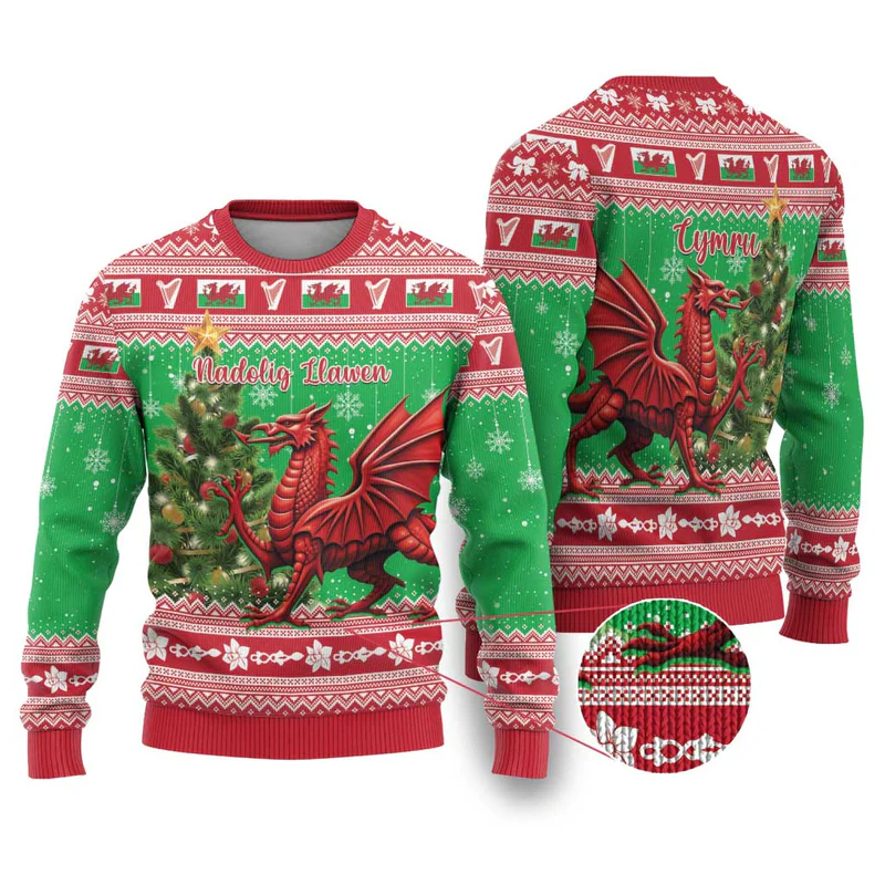 Wales Christmas Ugly Christmas Sweater Welsh Dragon Nadolig Llawen