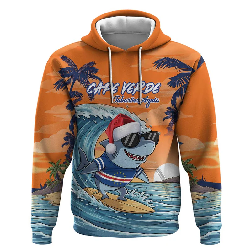 Cape Verde Christmas Hoodie Shark Surfing Holiday Beach Style