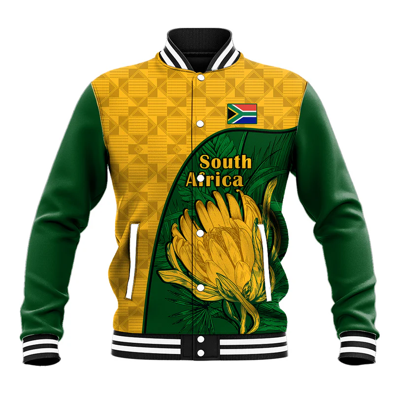South Africa Baseball Jacket King Protea With Kente Pattern