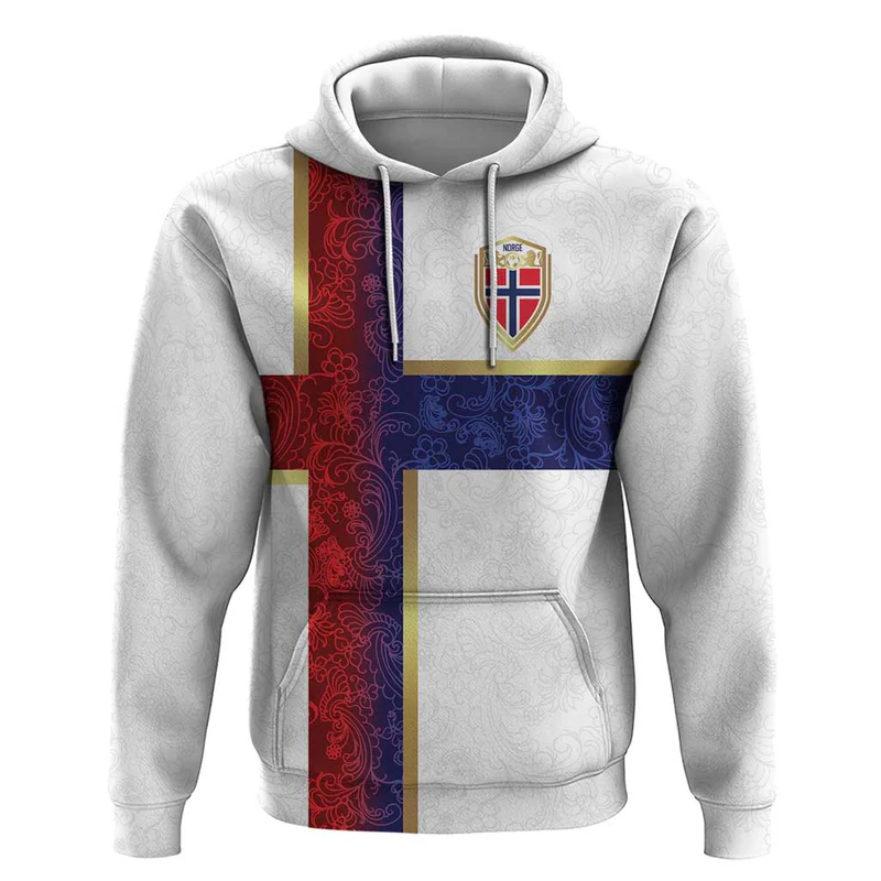 Custom Norway Football Hoodie Norwegian Flag Style with Rosemaling Pattern