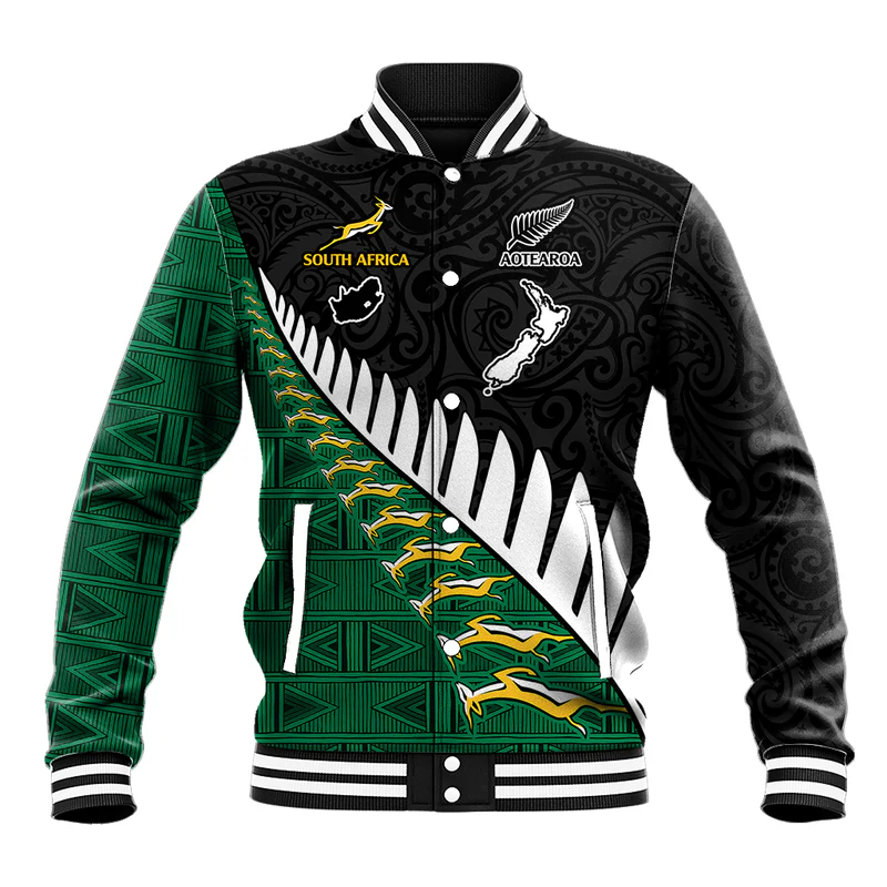 Custom South Africa and Aotearoa Rugby Baseball Jacket Springboks Black Fern Maori Vibe
