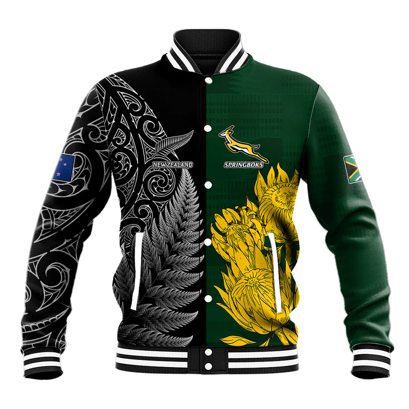 Personalised New Zealand Mix South Africa Rugby Baseball Jacket Protea Vs. Silver Ferns