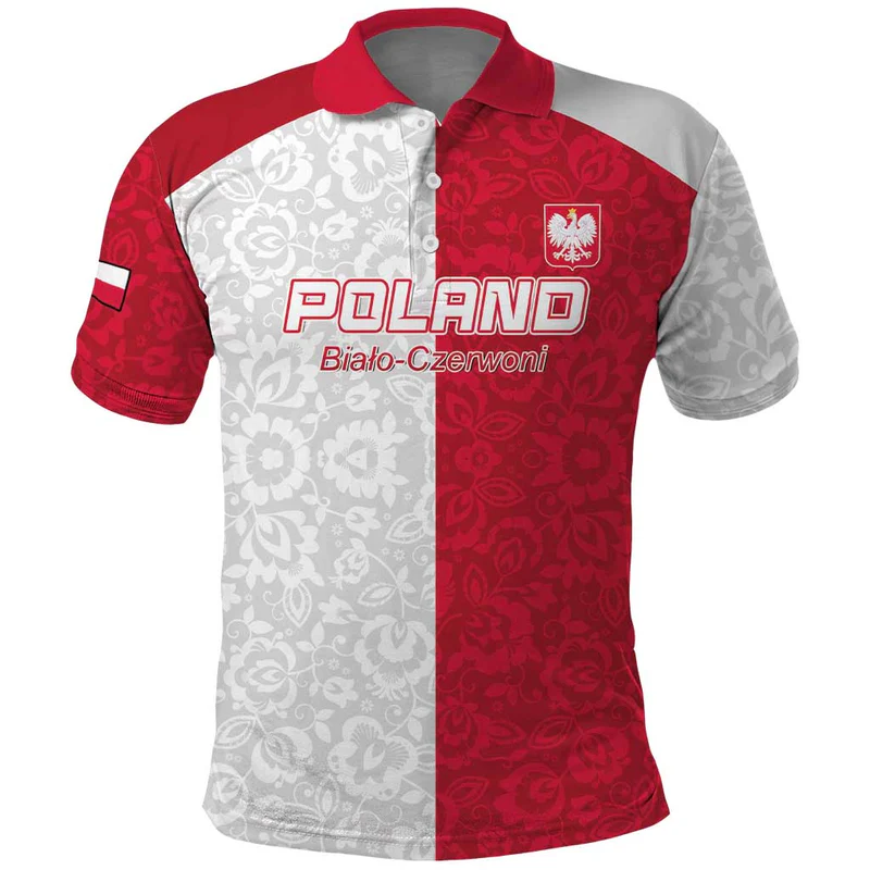 Custom Poland Football Polo Shirt White-Reds Floral Polish Pattern