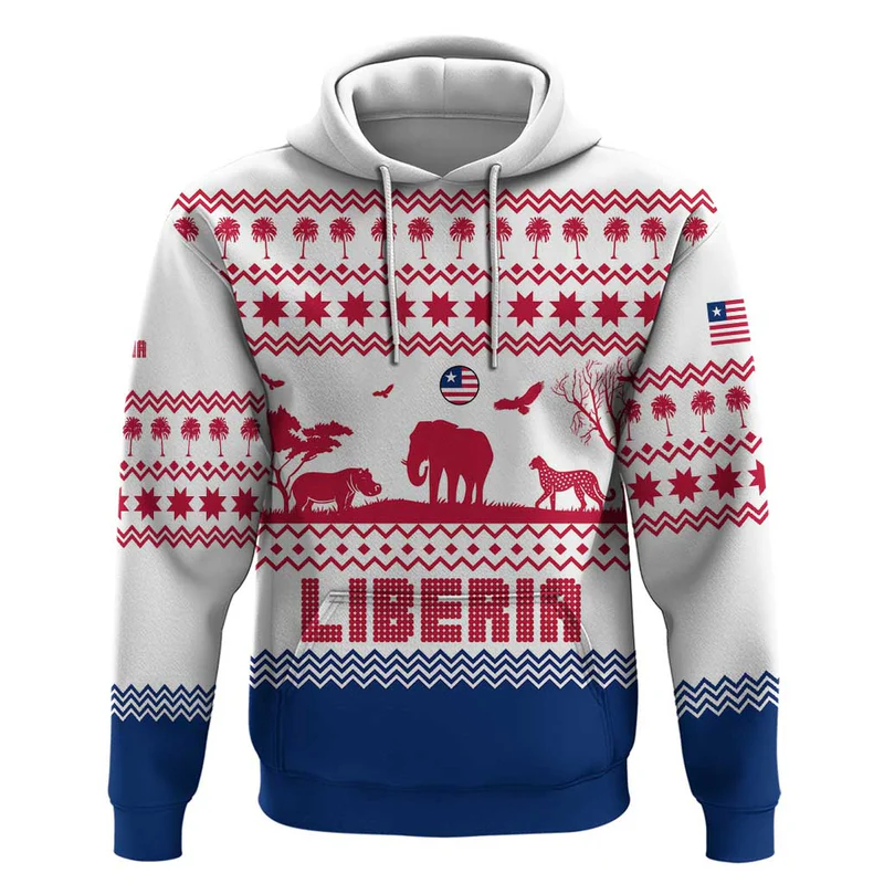 Liberia Christmas Hoodie with Red Wildlife Silhouettes and White Blue Holiday