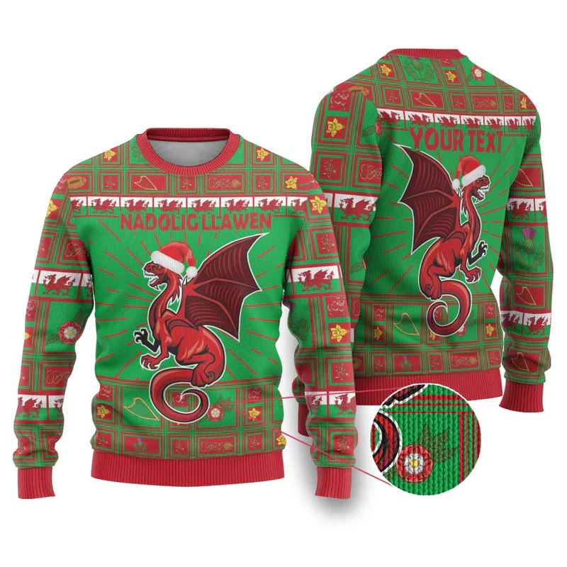 Personalized Wales Nadolig Llawen Ugly Christmas Sweater Welsh Dragon mascot - Merry Xmas