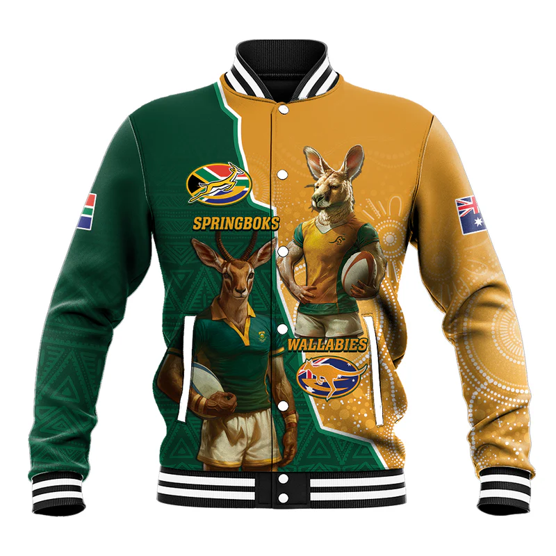 Personalised South Africa And Australia Rugby Baseball Jacket Springboks Wallabies Mascots Together