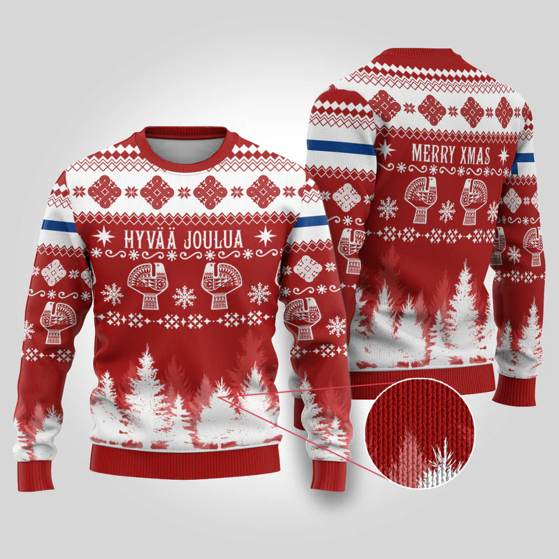 Finland Christmas Hannunvaakuna Tattoo Ugly Christmas Sweater Hyvaa Joulua – Red
