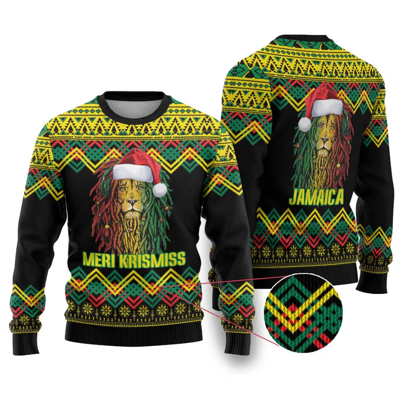Jamaica Reggae Lion Christmas Ugly Christmas Sweater Kente Pattern Meri Krismiss