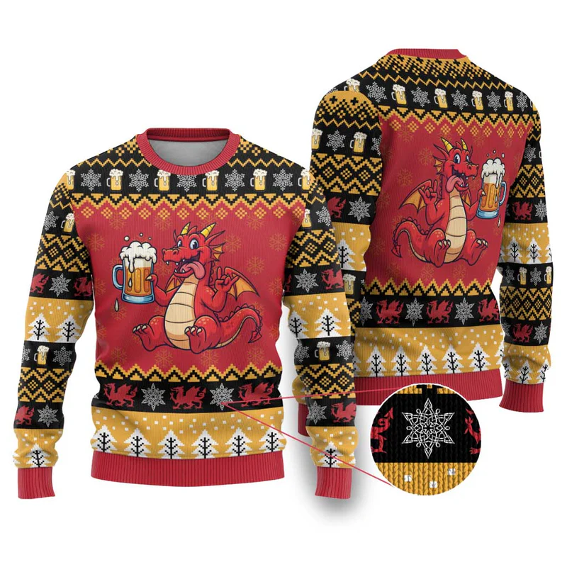 Carmarthenshire Wales Christmas Ugly Christmas Sweater Funny Welsh Red Dragon Beer Xmas