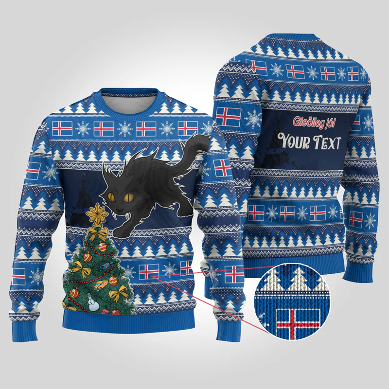 Personalised Iceland Christmas Ugly Christmas Sweater Yule Cat With Xmas Tree