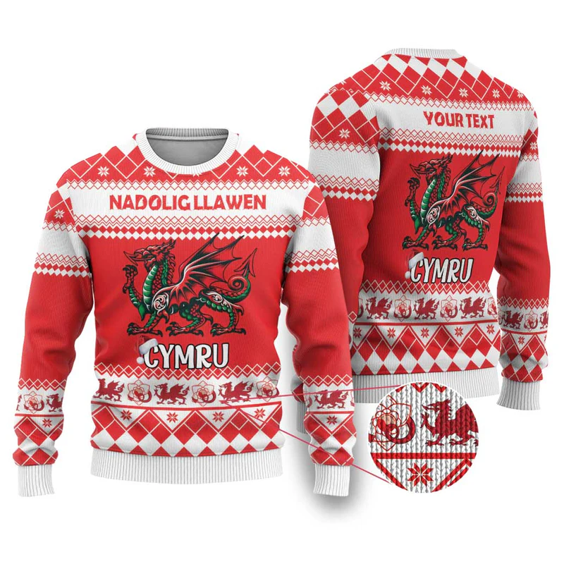 Personalized Wales Christmas Dragon Ugly Christmas Sweater Nadolig Llawen Red Version