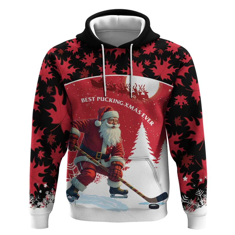 Personalized Canada Christmas Hoodie Santa Claus Hockey Player – Maple Leaves Pattern
