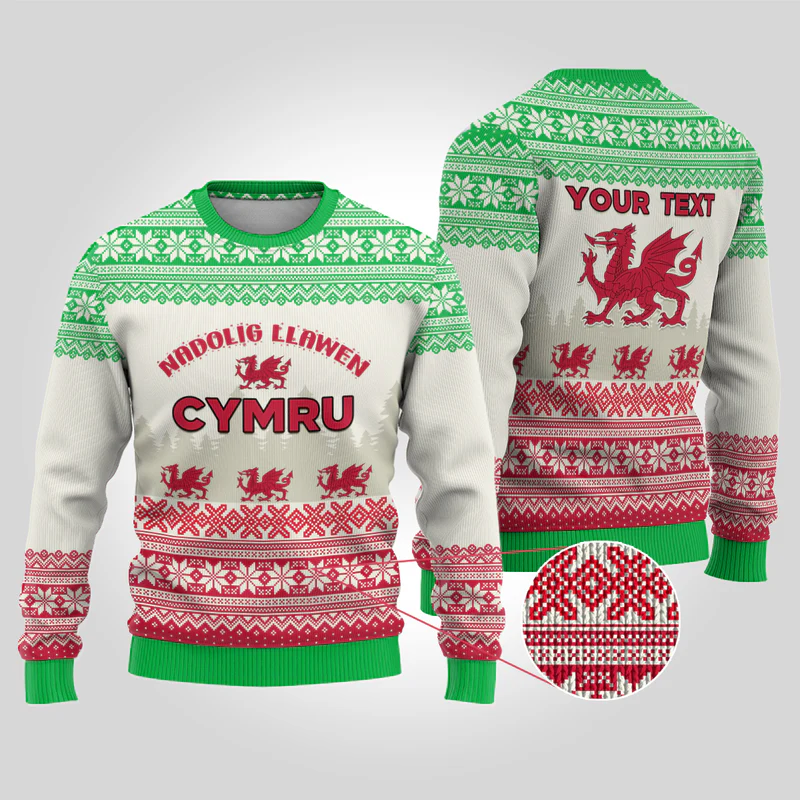 Custom Wales Christmas Ugly Christmas Sweater Nadolig Llawen Welsh Dragon
