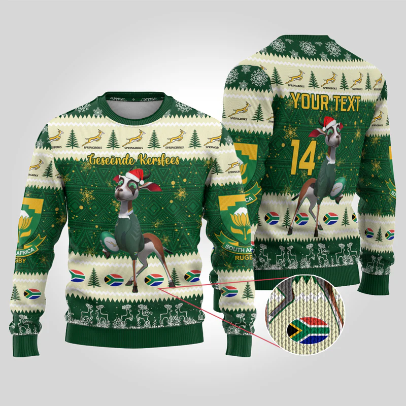 Custom South Africa Rugby Christmas Ugly Christmas Sweater Geseende Kersfees Springboks African Pattern