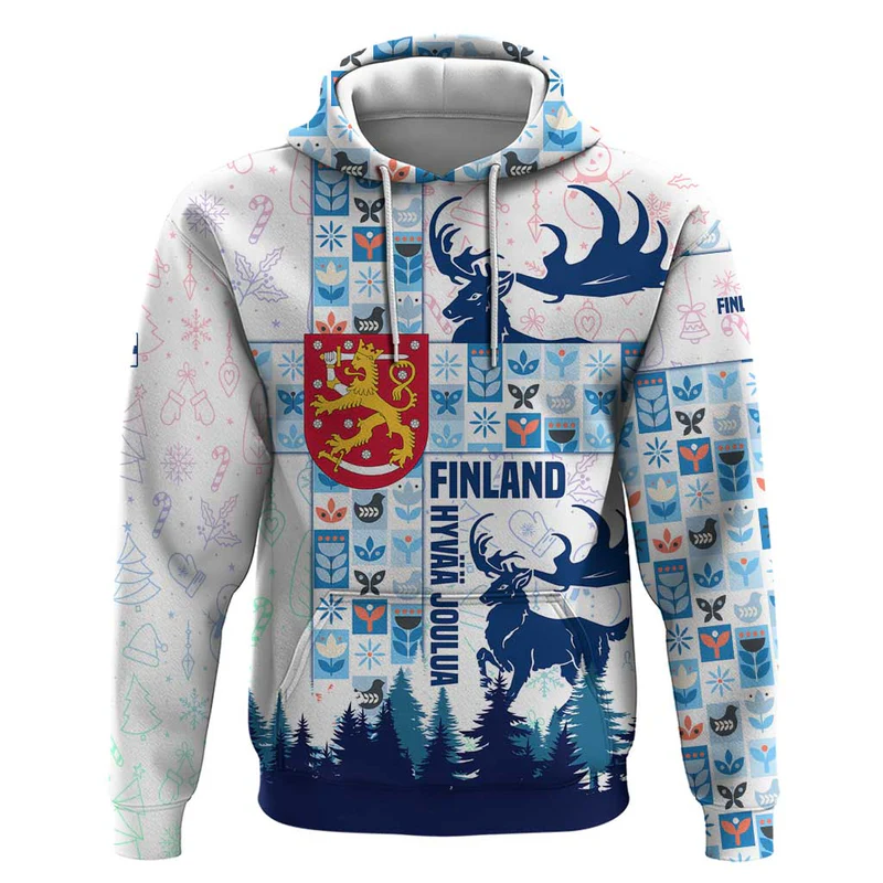 Finland Christmas Hoodie with Reindeer Forest Crest and Nordic Pattern Design