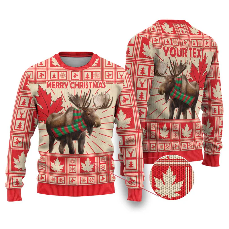 Canada Moose Ugly Christmas Sweater Maple Leaf Christmas Lightning Art