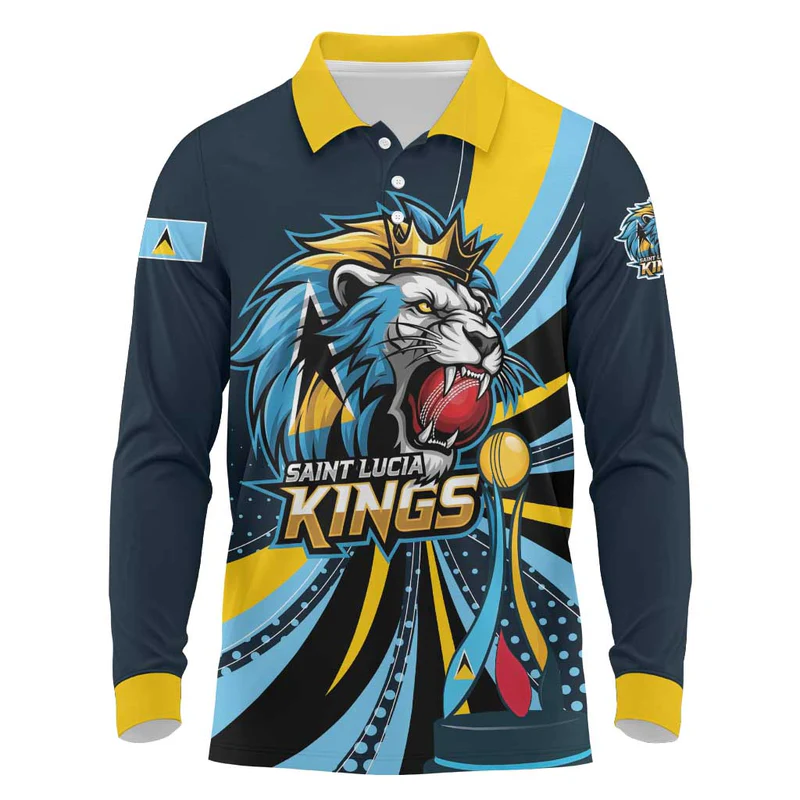 Custom Saint Lucia Cricket Long Sleeve Polo Shirt Go Champion St Lucia Lion Kings