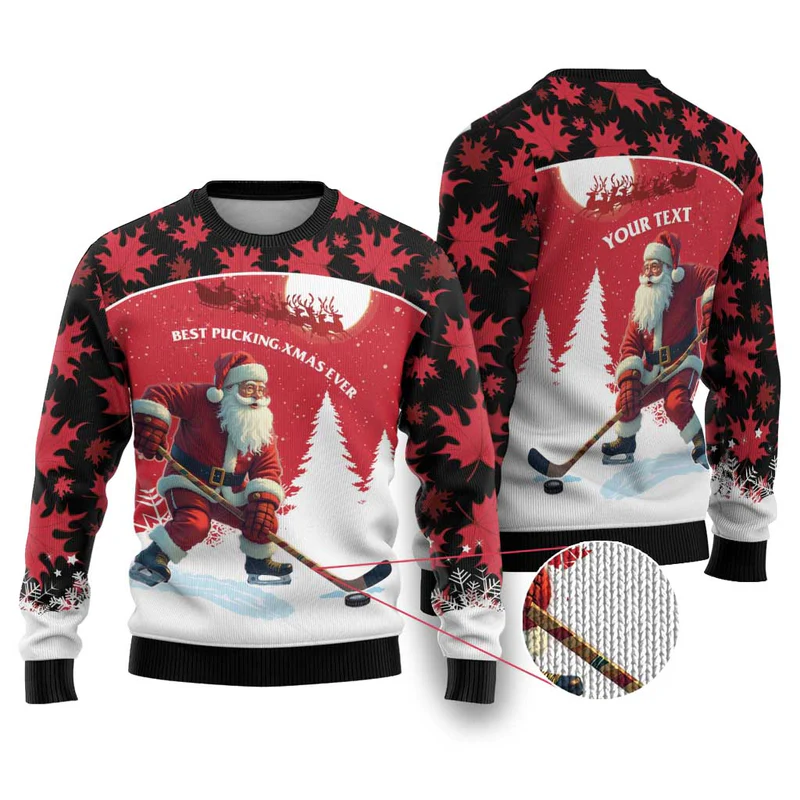 Personalized Canada Christmas Ugly Christmas Sweater Santa Claus Hockey Player – Maple Leaves Pattern