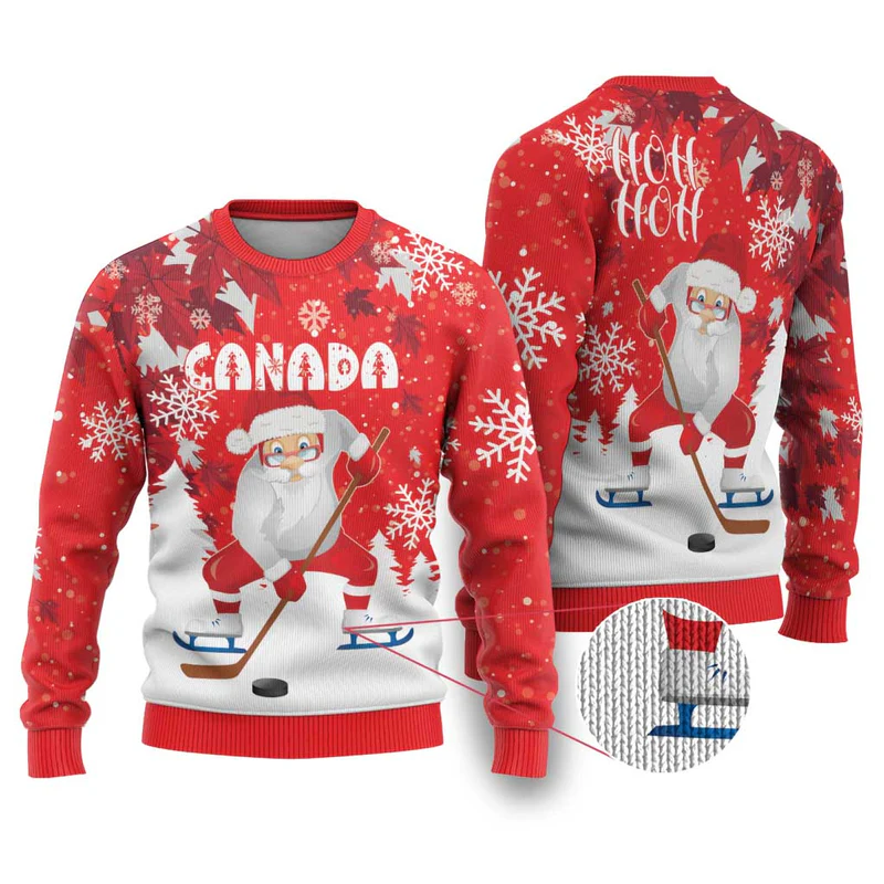 Canada Christmas Ugly Christmas Sweater Santa Play Hockey – Winter Forest