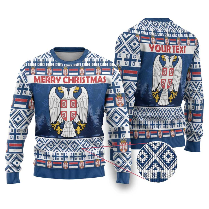 Personalized Serbia Christmas Ugly Christmas Sweater Coat Of Arms – Blue Version