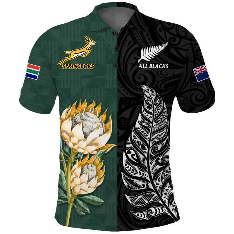 South Africa Protea and New Zealand Fern Polo Shirt Rugby Go Springboks vs All Black