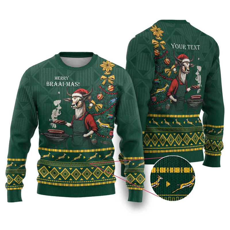 Personalised South Africa Christmas Ugly Christmas Sweater Bokke Merry Braai-mas