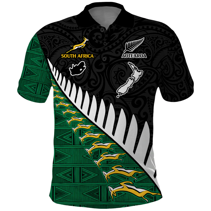 Custom South Africa and Aotearoa Rugby Polo Shirt Springboks Black Fern Maori Vibe