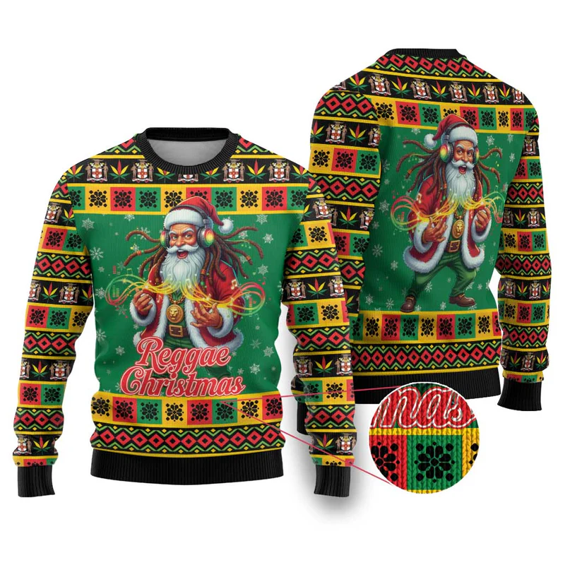 Jamaica Christmas Ugly Christmas Sweater Reggae Santa with Dreadlocks Design