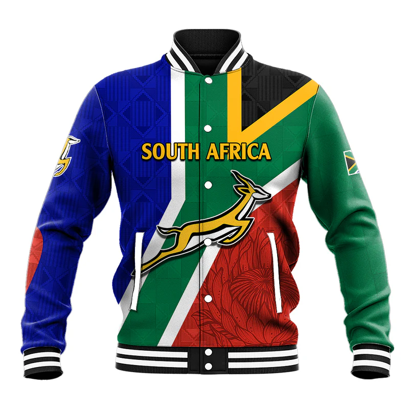 Custom South Africa Springboks Baseball Jacket with Kente Pattern and South African Flag