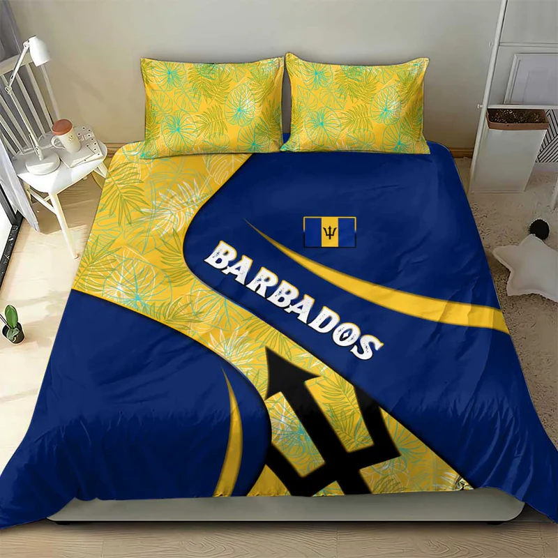 Barbados Flag Bedding Set Blue and Yellow with Trident and Tropical Leaf Pattern