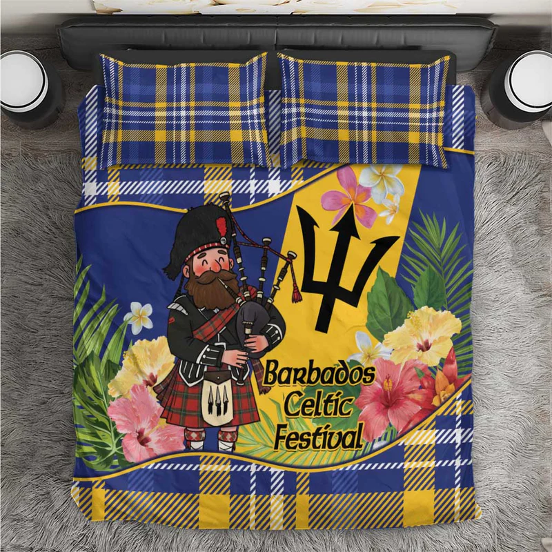 Barbados Celtic Festival Bedding Set Scottish Man With Bagpipes