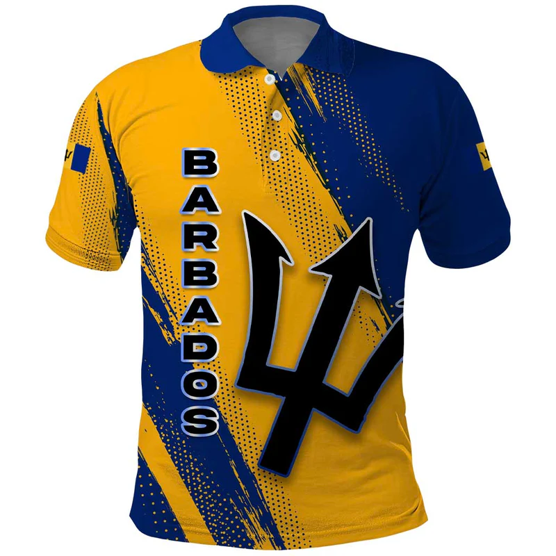 Barbados Trident and Coat of Arms Polo Shirt with Blue Yellow Patriotic Graphic