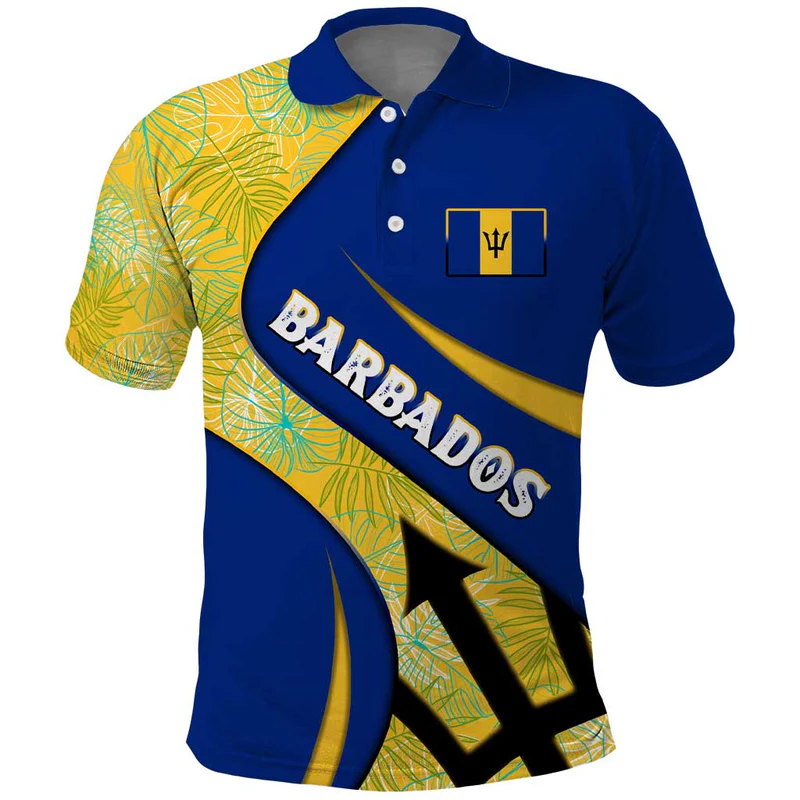 Barbados Flag Polo Shirt Blue and Yellow with Trident and Tropical Leaf Pattern