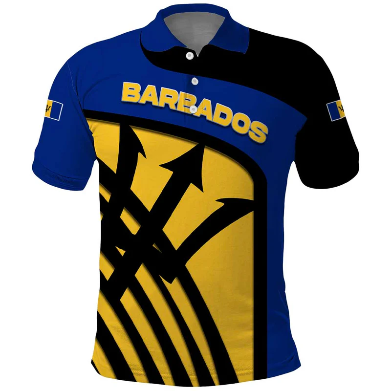 Barbados Flag and Coat of Arms Polo Shirt Blue Yellow Black Design with National Symbols