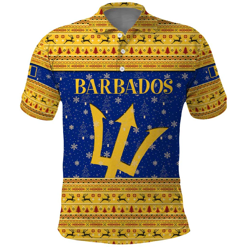 Barbados Christmas Polo Shirt with Blue Yellow Xmas Trident Santa and Reindeer