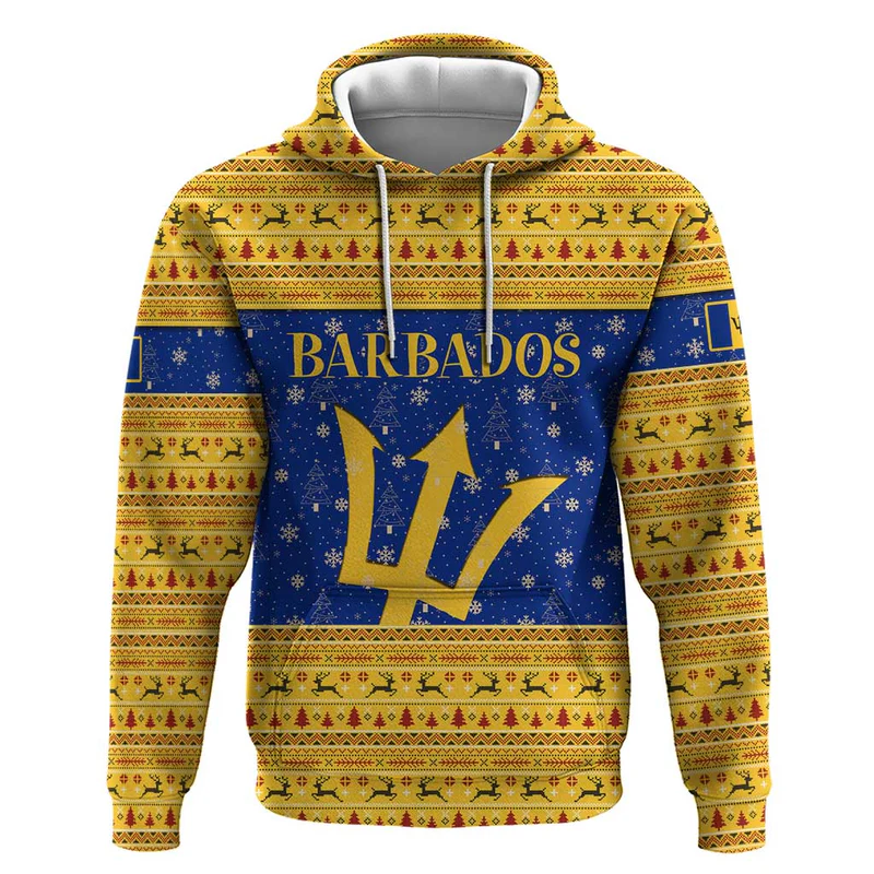 Barbados Christmas Hoodie with Blue Yellow Xmas Trident Santa and Reindeer