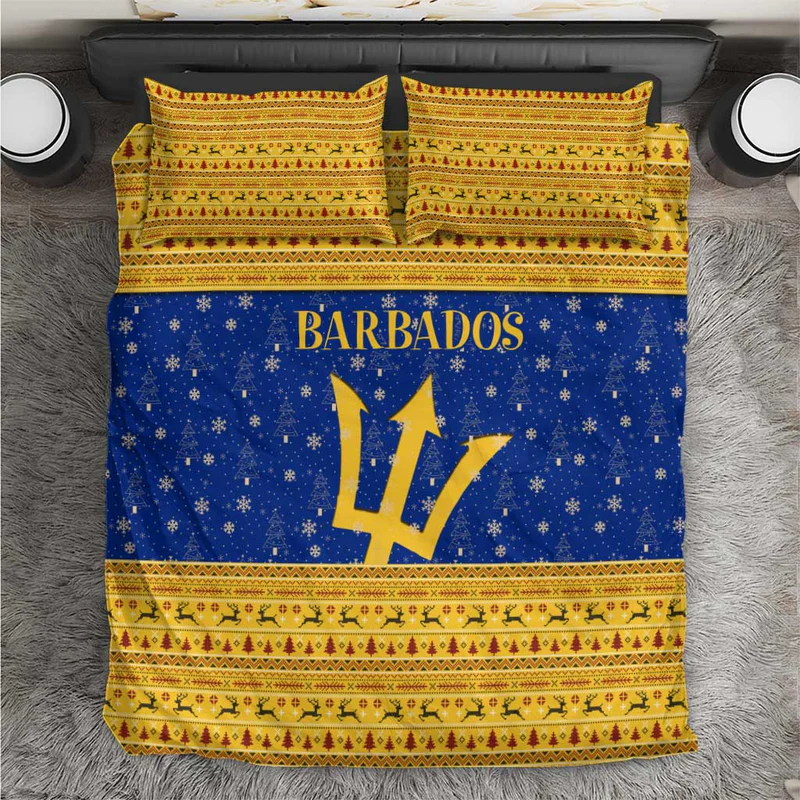 Barbados Christmas Bedding Set with Blue Yellow Xmas Trident Santa and Reindeer