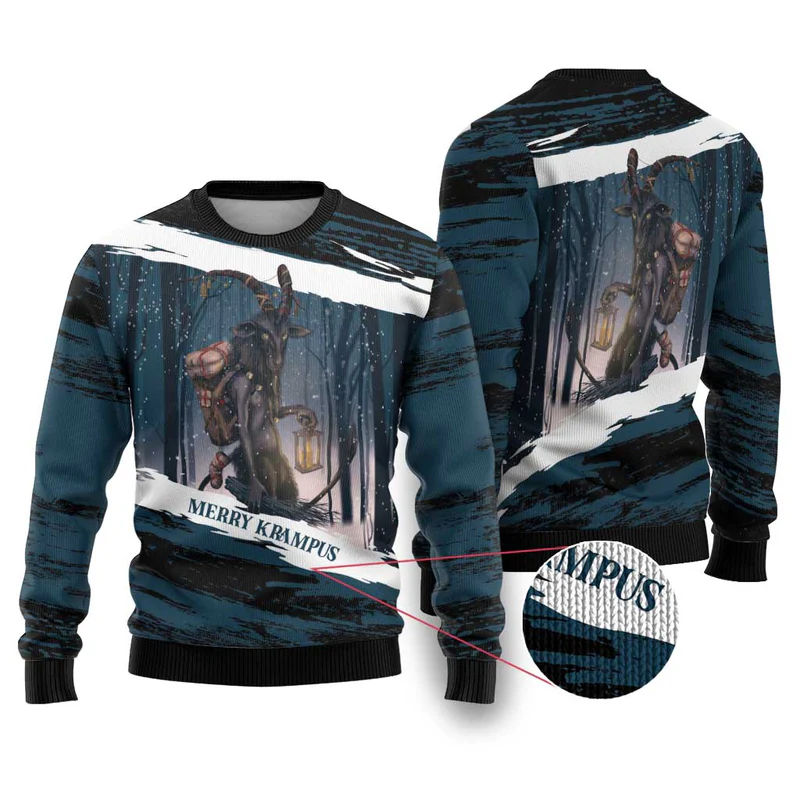 Merry Christmas Ugly Christmas Sweater Krampus in The Woods – Dark Teal