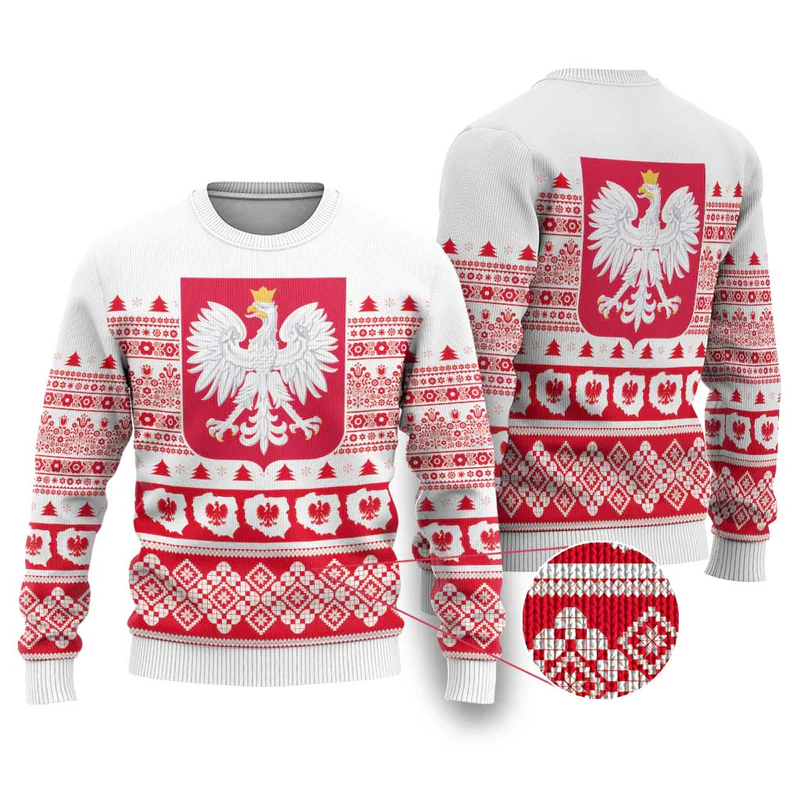 Polish Christmas Ugly Christmas Sweater – Poland Emblem and Lachy Sadeckie Pattern