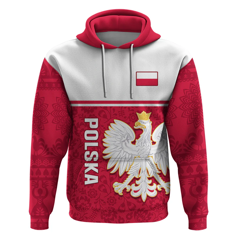 Personalised Poland Hoodie Polska Coat Of Arms With Folk Pattern