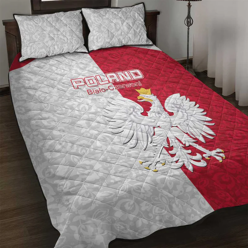 Poland Football Quilt Bed Set White-Reds Floral Polish Pattern