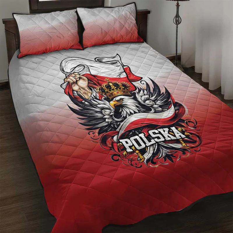 Poland Independence Day Quilt Bed Set Polska White Eagle and Flag Style