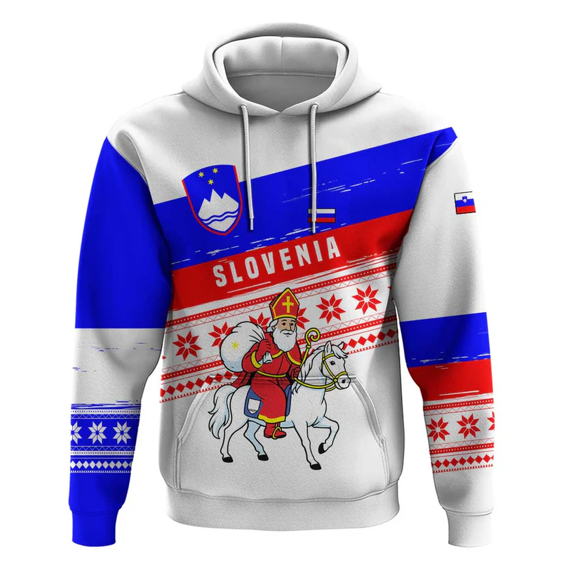 Slovenia Christmas Hoodie with Saint Nicholas White Horse Snowflake Pattern and National Flag Design