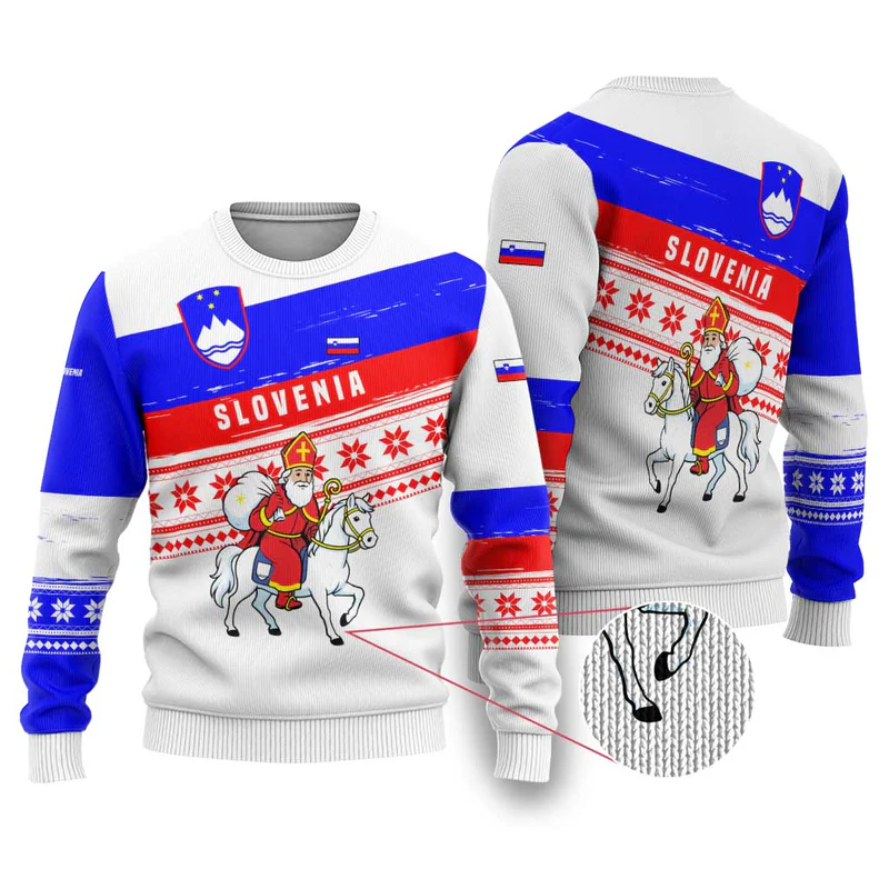 Slovenia Christmas Ugly Christmas Sweater with Saint Nicholas White Horse Snowflake Pattern and National Flag Design