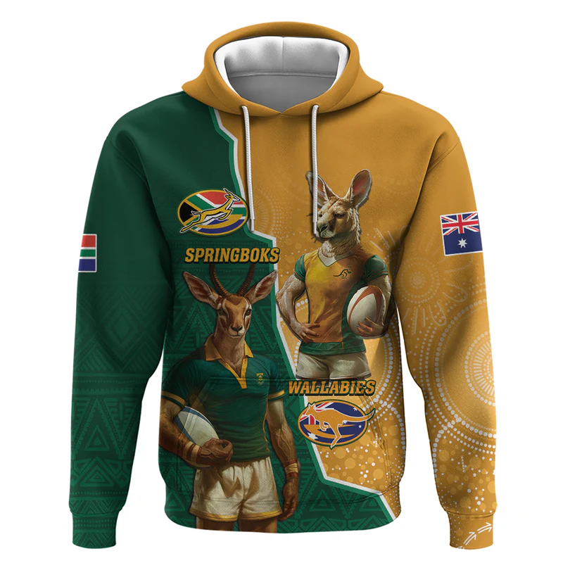 South Africa And Australia Rugby Hoodie Springboks Wallabies Mascots Together