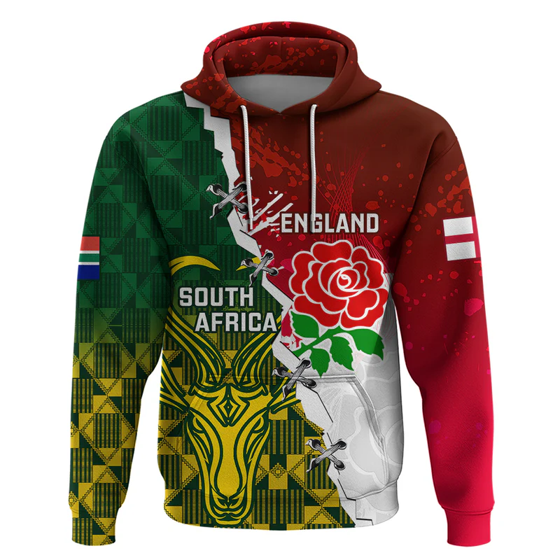 Personalised South Africa And England Rugby Hoodie Springboks Combine Red Roses Sporty Style