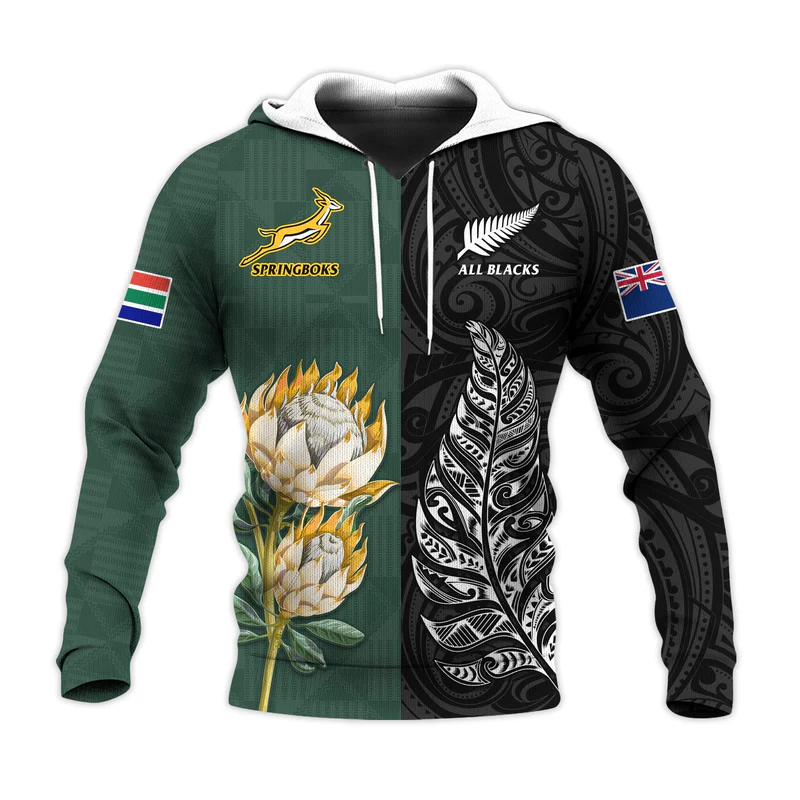 South Africa Protea and New Zealand Fern Hoodie Rugby Go Springboks vs All Black