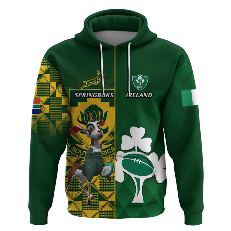 Custom South Africa And Ireland Rugby Hoodie World Cup Springboks Shamrocks Together